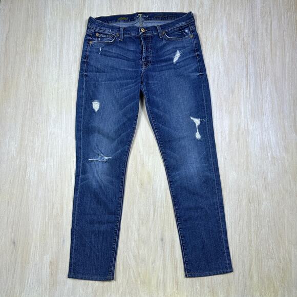 7 For All Mankind Josefina Skinny Boyfriend Button Fly Distressed Denim Jeans 28 - Picture 1 of 16